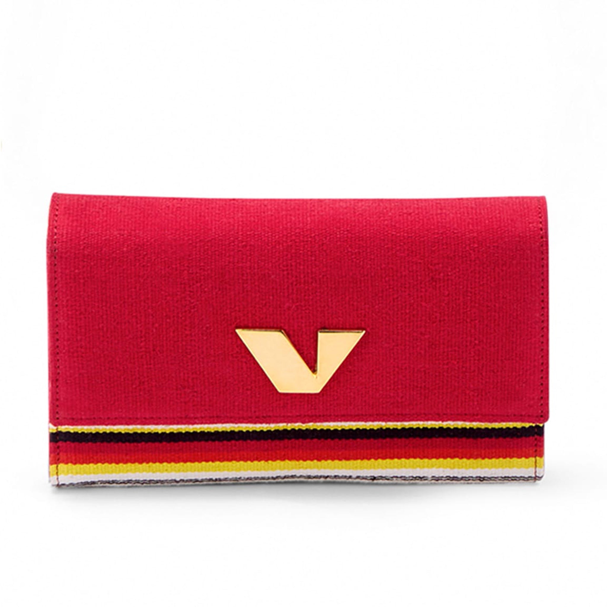 J Clutch handcrafted from heritage Bavani Jamakalam weaving with signature striped strap-Red Fr