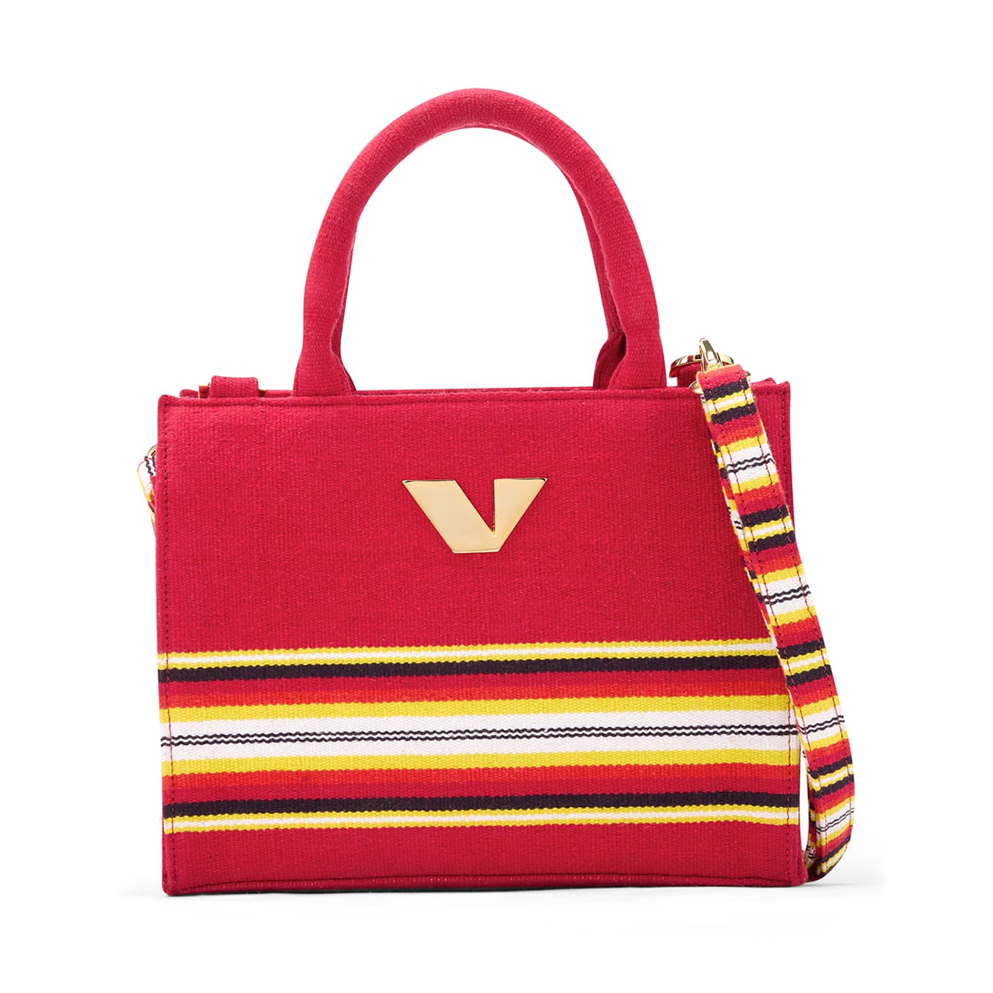 J Mini Tote crafted from heritage Bavani Jamakalam weaving with signature striped shoulder strap-Red fr