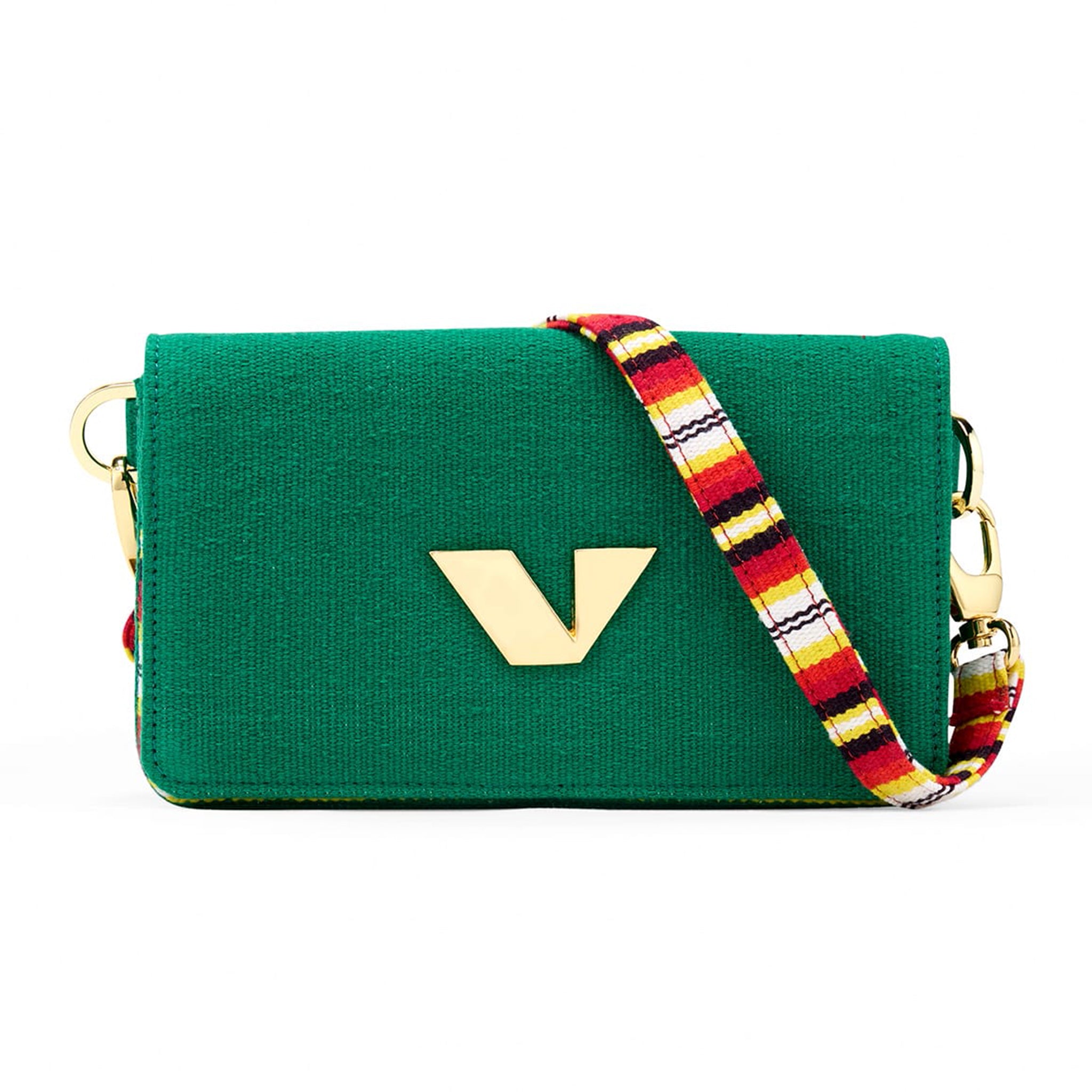 J Pouch crossbody bag made from heritage Bavani Jamakalam weaving with striped strap-green
