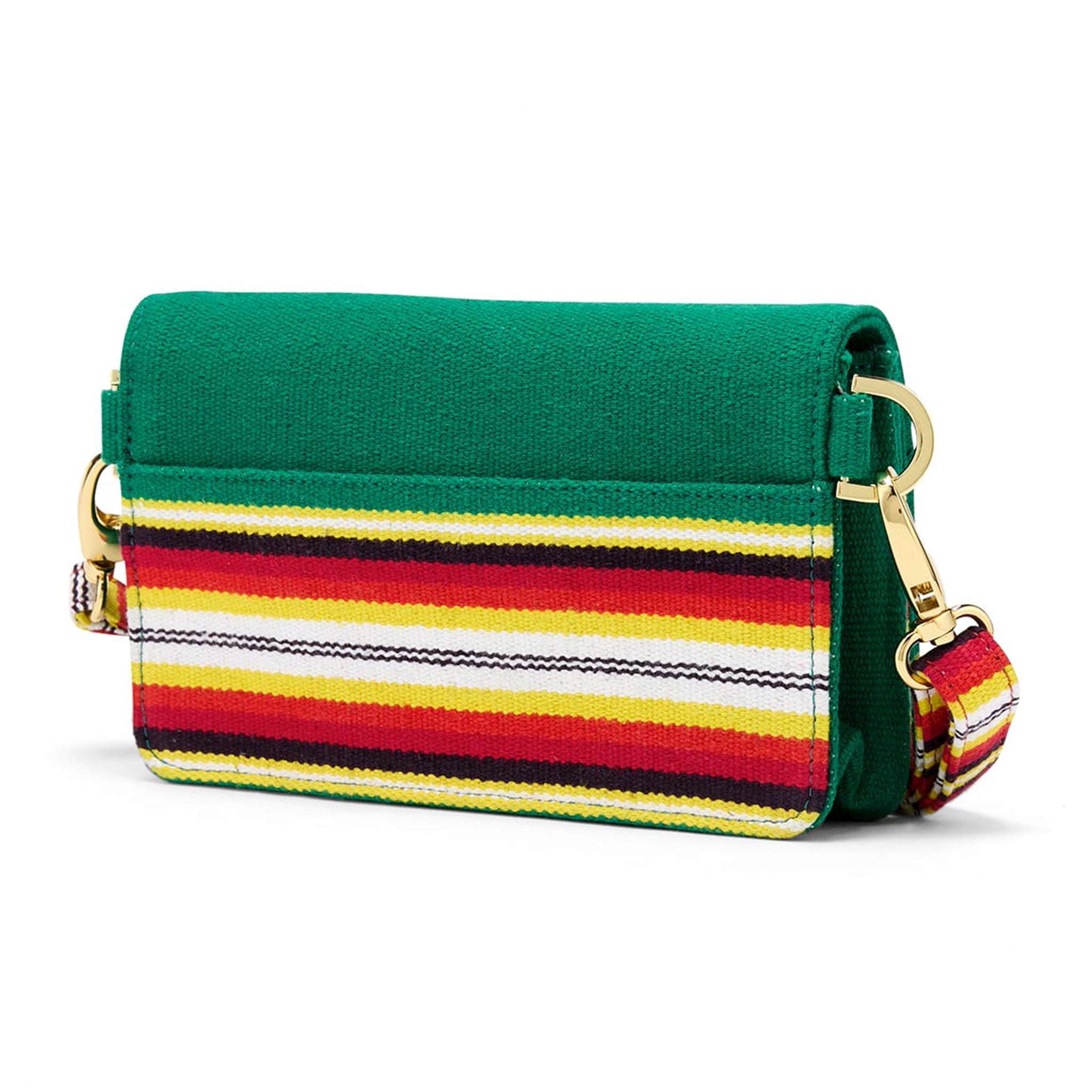 J Pouch crossbody bag made from heritage Bavani Jamakalam weaving with striped strap-green back