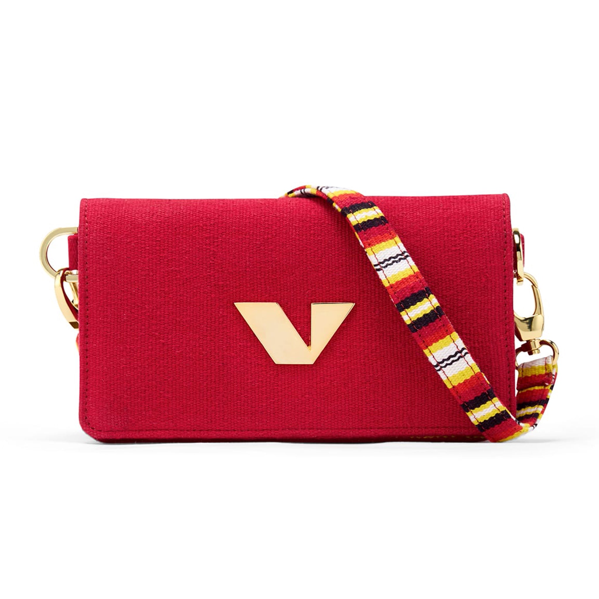 Ethical sling and belt bag featuring Bavani heritage weaving and signature stripes-Red Fr