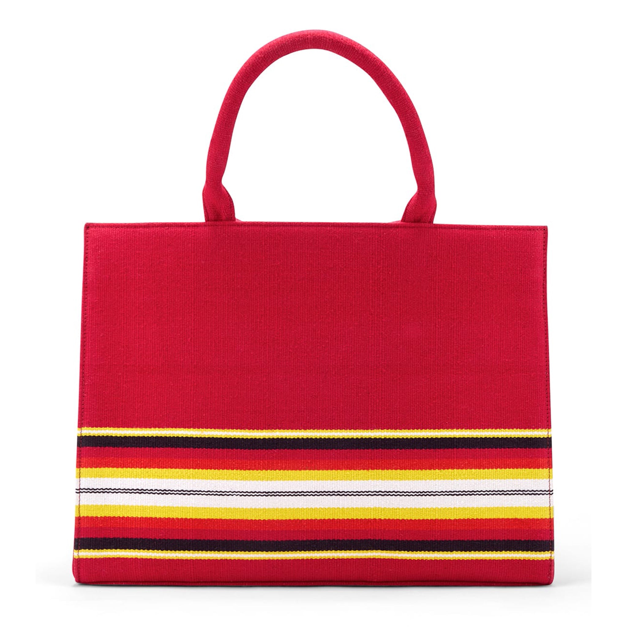 Luxury J Tote bag handcrafted from heritage Bavani Jamakalam weaving with signature stripes-rd bk