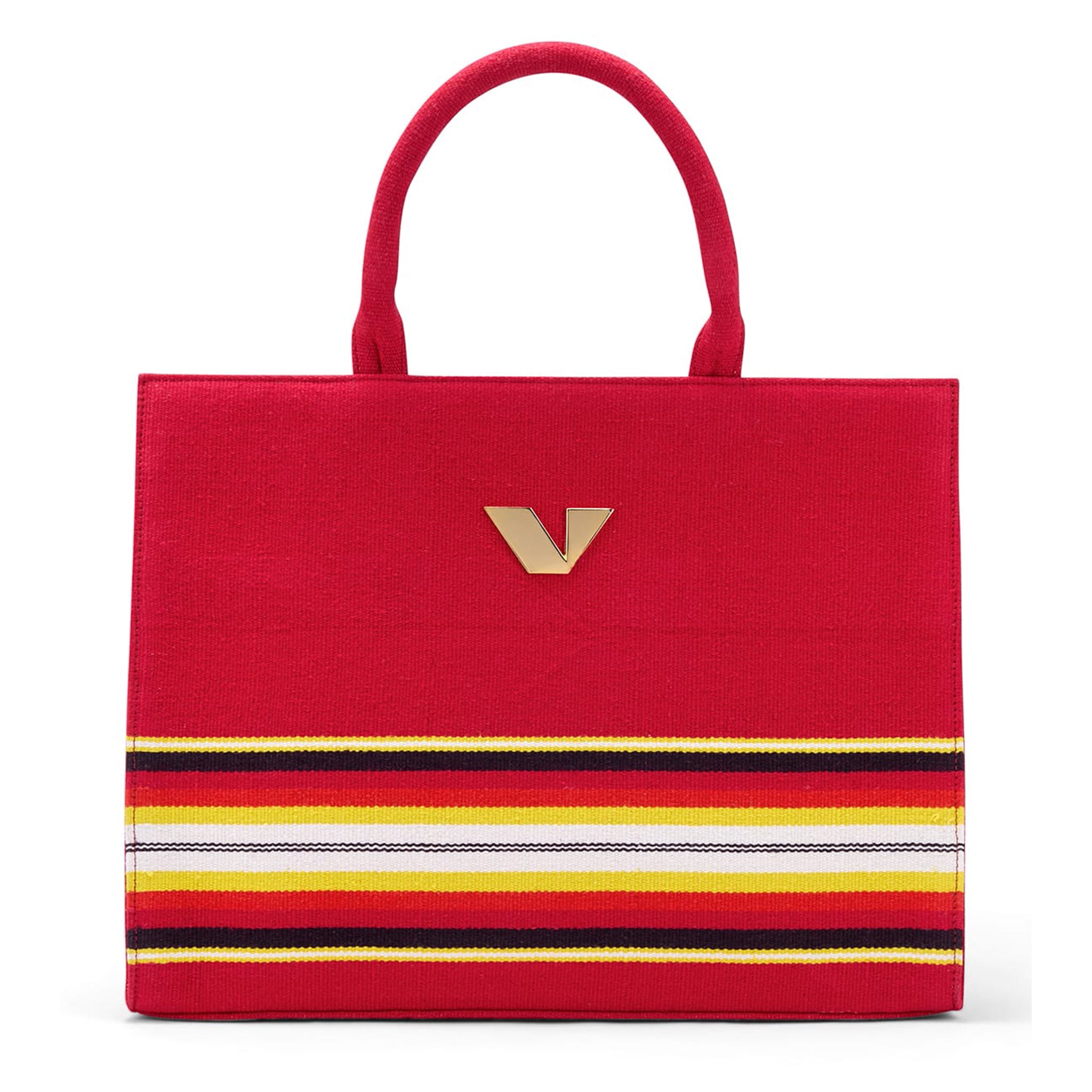 Luxury J Tote bag handcrafted from heritage Bavani Jamakalam weaving with signature stripes-Red fr
