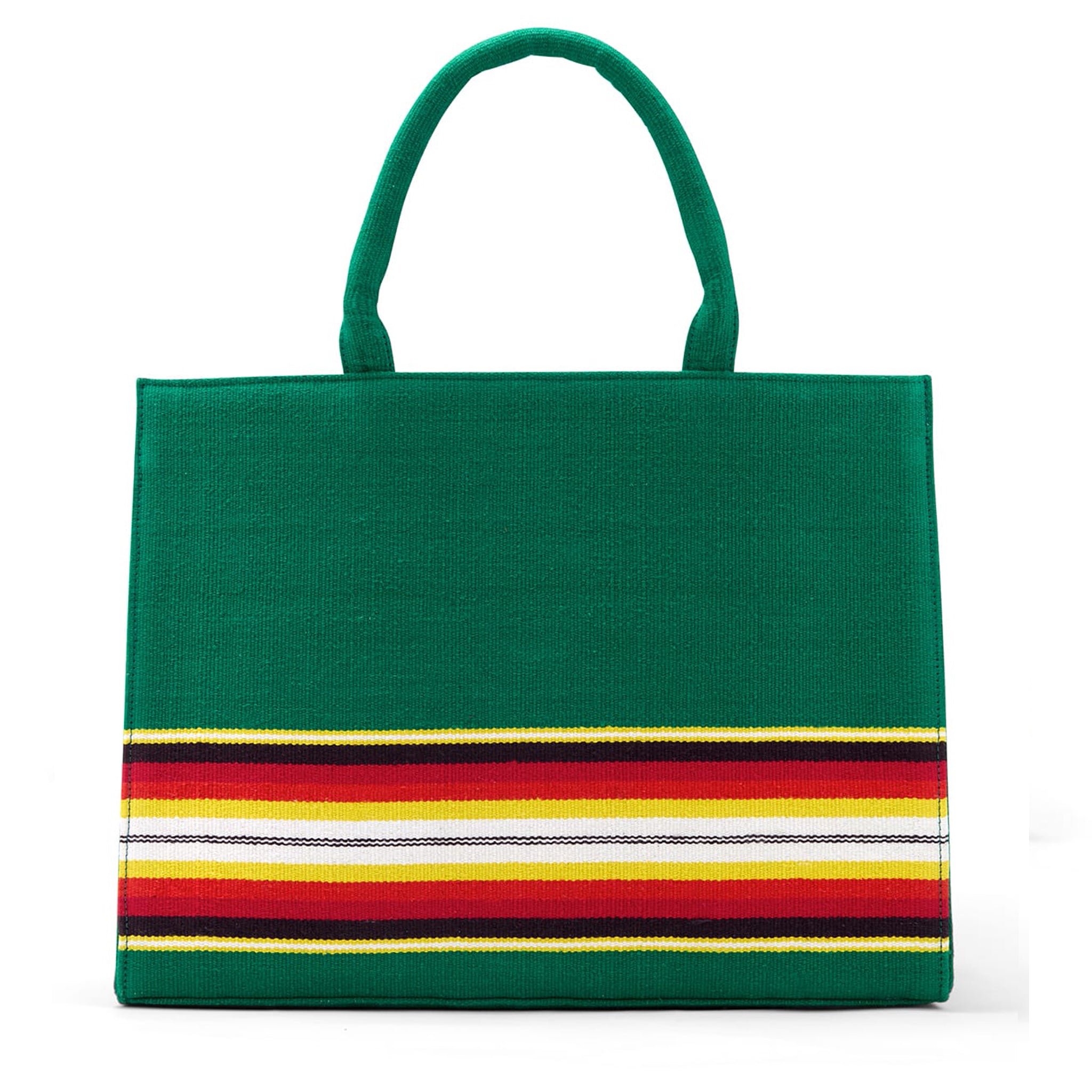 Sustainable J Tote by Vino Supraja made from GI-tagged Bavani Jamakkalams, spacious and elegant-green bk