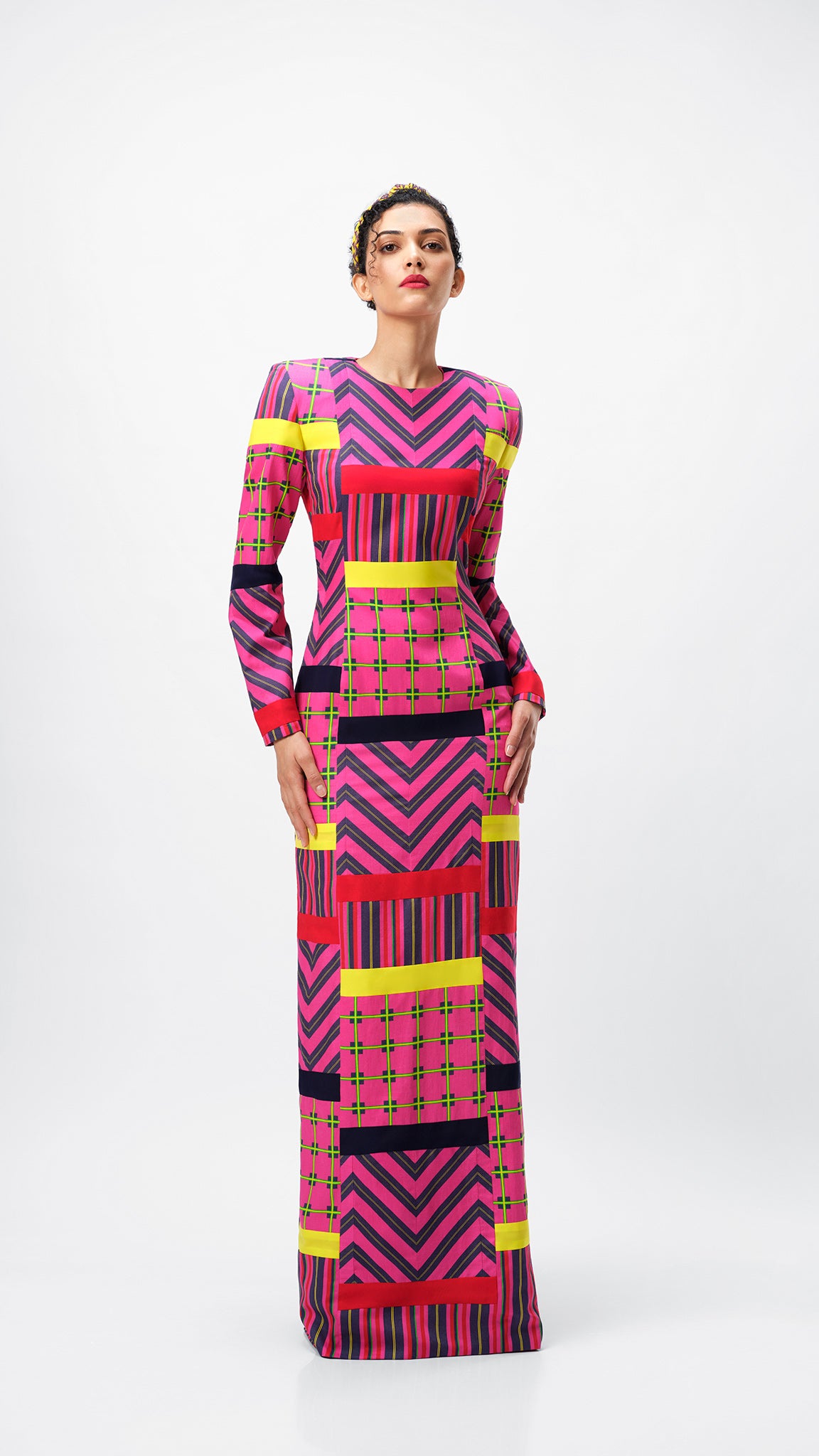 The Cadence Dress by Vino Supraja – Organic Cotton Couture with Bold Shoulders, Patchwork & Back Slit | Inspired by Bhavani Jamakkalam | Sustainable Fashion UAE