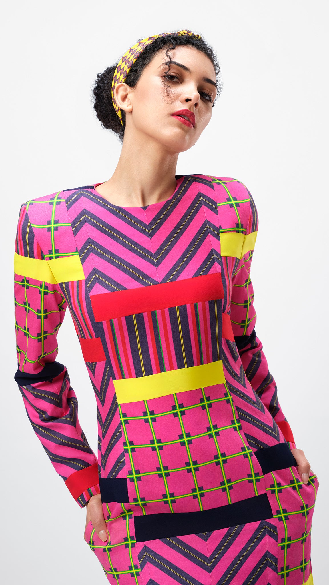 The Cadence Dress by Vino Supraja – Organic Cotton Couture with Bold Shoulders, Patchwork & Back Slit | Inspired by Bhavani Jamakkalam | Sustainable Fashion UAE