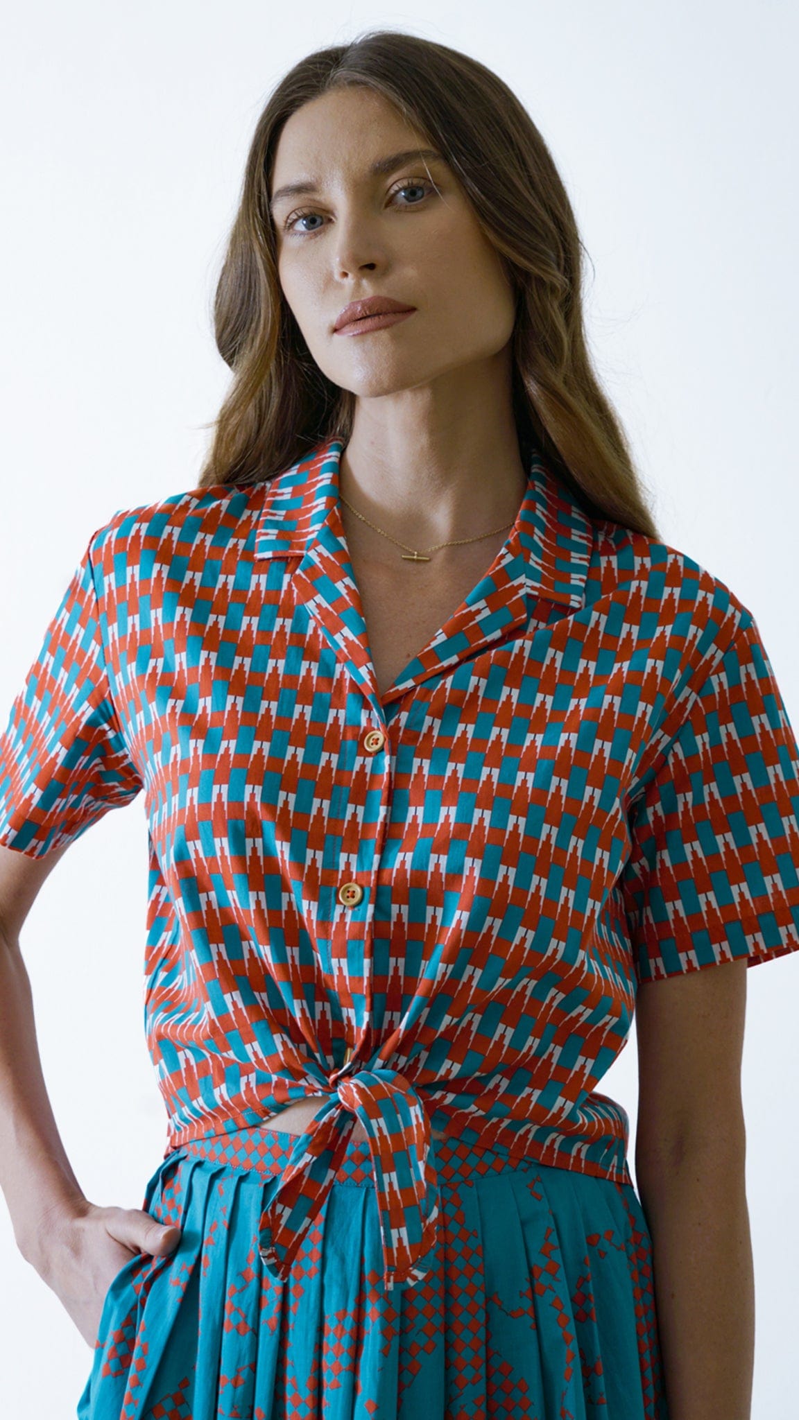 Vino Supraja Sustainable ethical fashion UAE Dubai TOPS Blue Pattern Tie-up Shirt