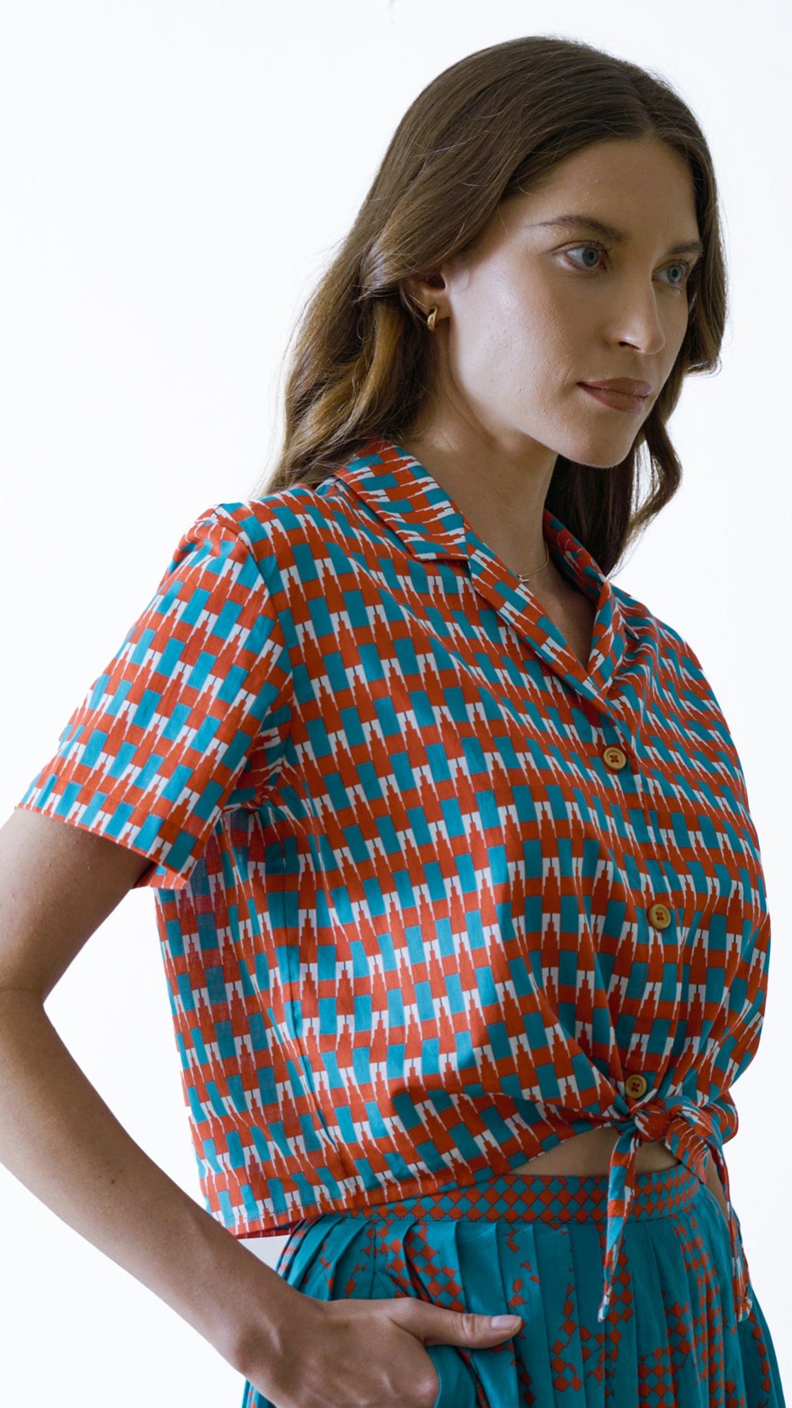 Vino Supraja Sustainable ethical fashion UAE Dubai TOPS Blue Pattern Tie-up Shirt