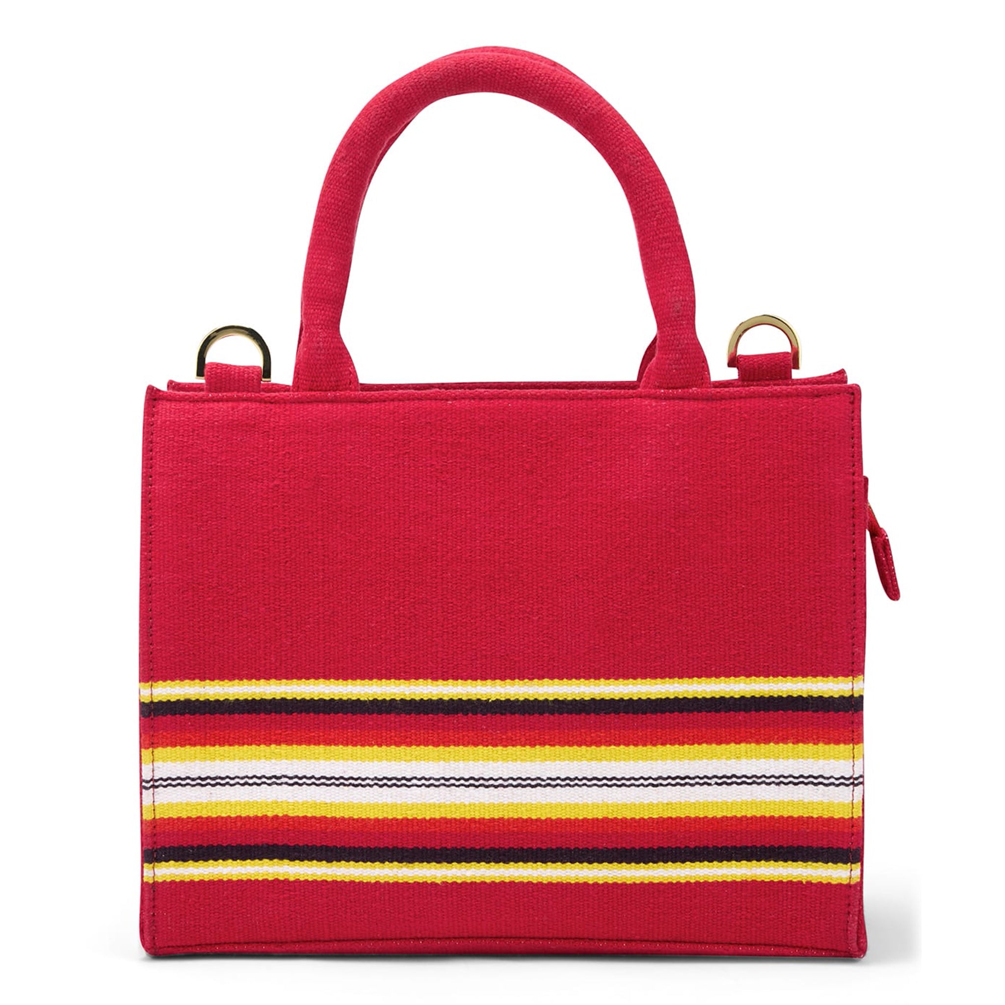 J Mini Tote crafted from heritage Bavani Jamakalam weaving with signature striped shoulder strap-Red bk