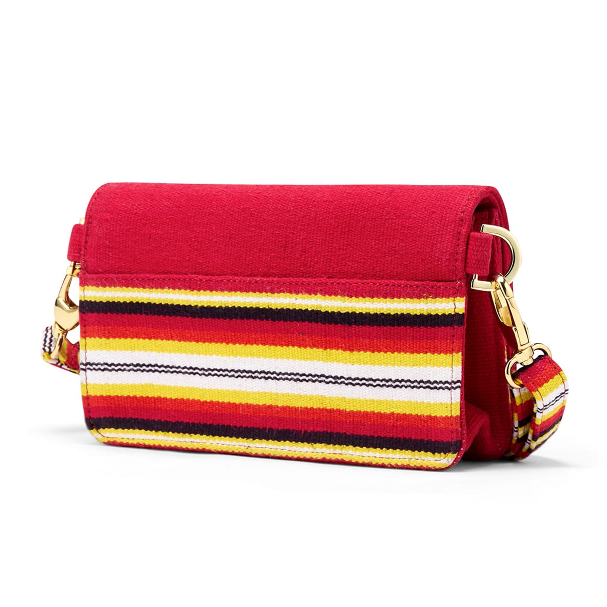 Ethical sling and belt bag featuring Bavani heritage weaving and signature stripes-Red Bk