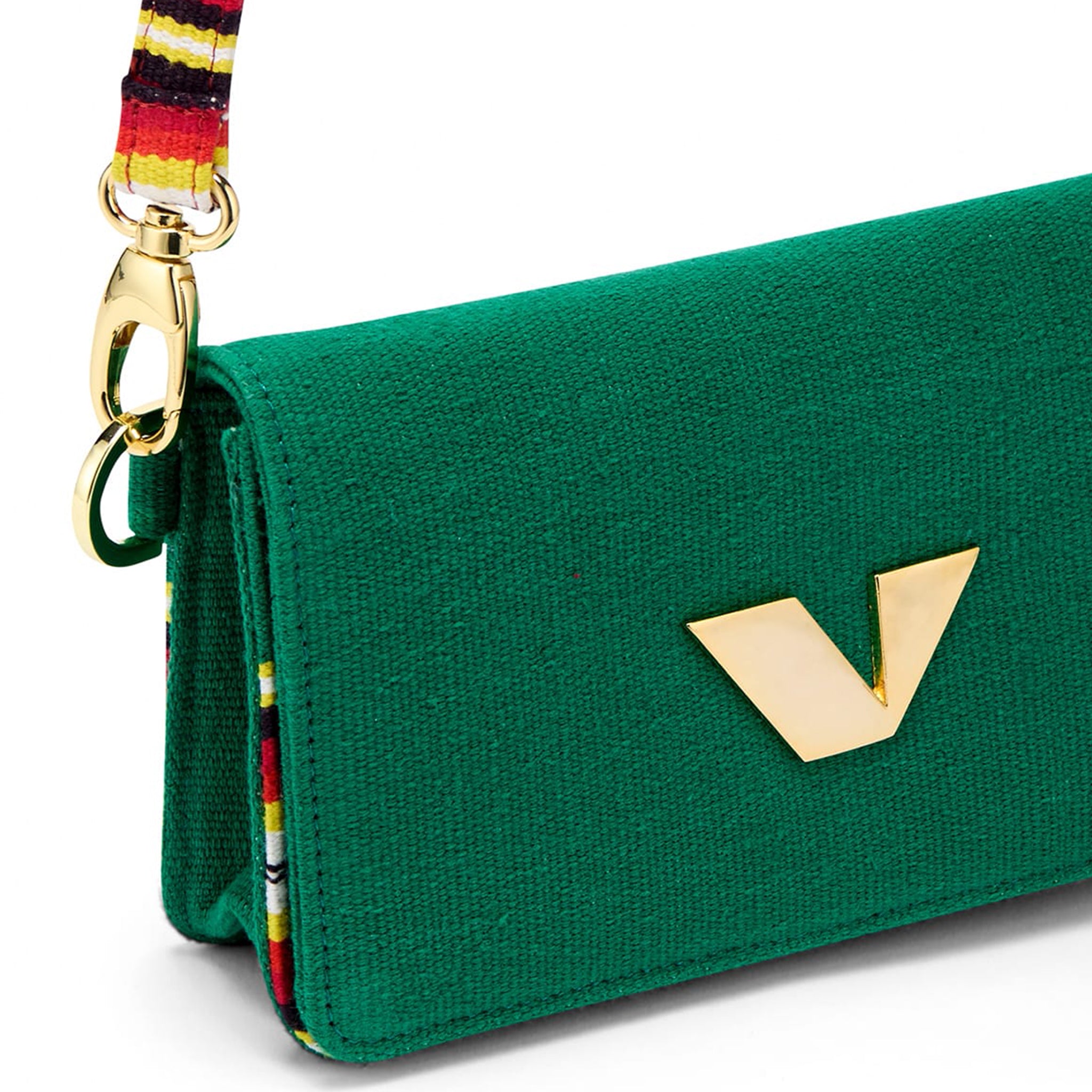 J Pouch crossbody bag made from heritage Bavani Jamakalam weaving with striped strap-green details