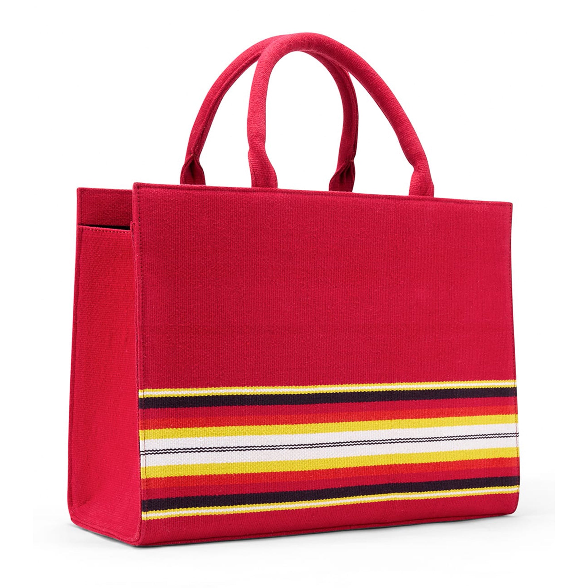 Luxury J Tote bag handcrafted from heritage Bavani Jamakalam weaving with signature stripes-rd sd