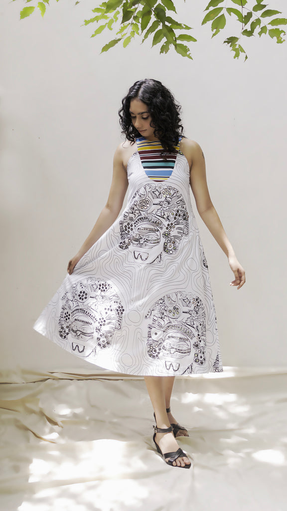 Organic Cotton Midi Dress : Black & White, Embroidered Mirrors - LFW