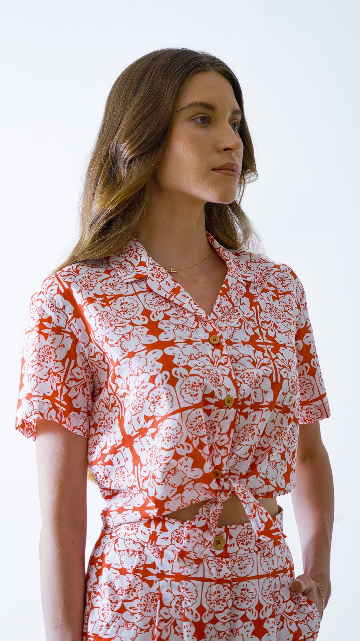 Vino Supraja Sustainable ethical fashion UAE Dubai TOPS Red Floral Tie-up Shirt