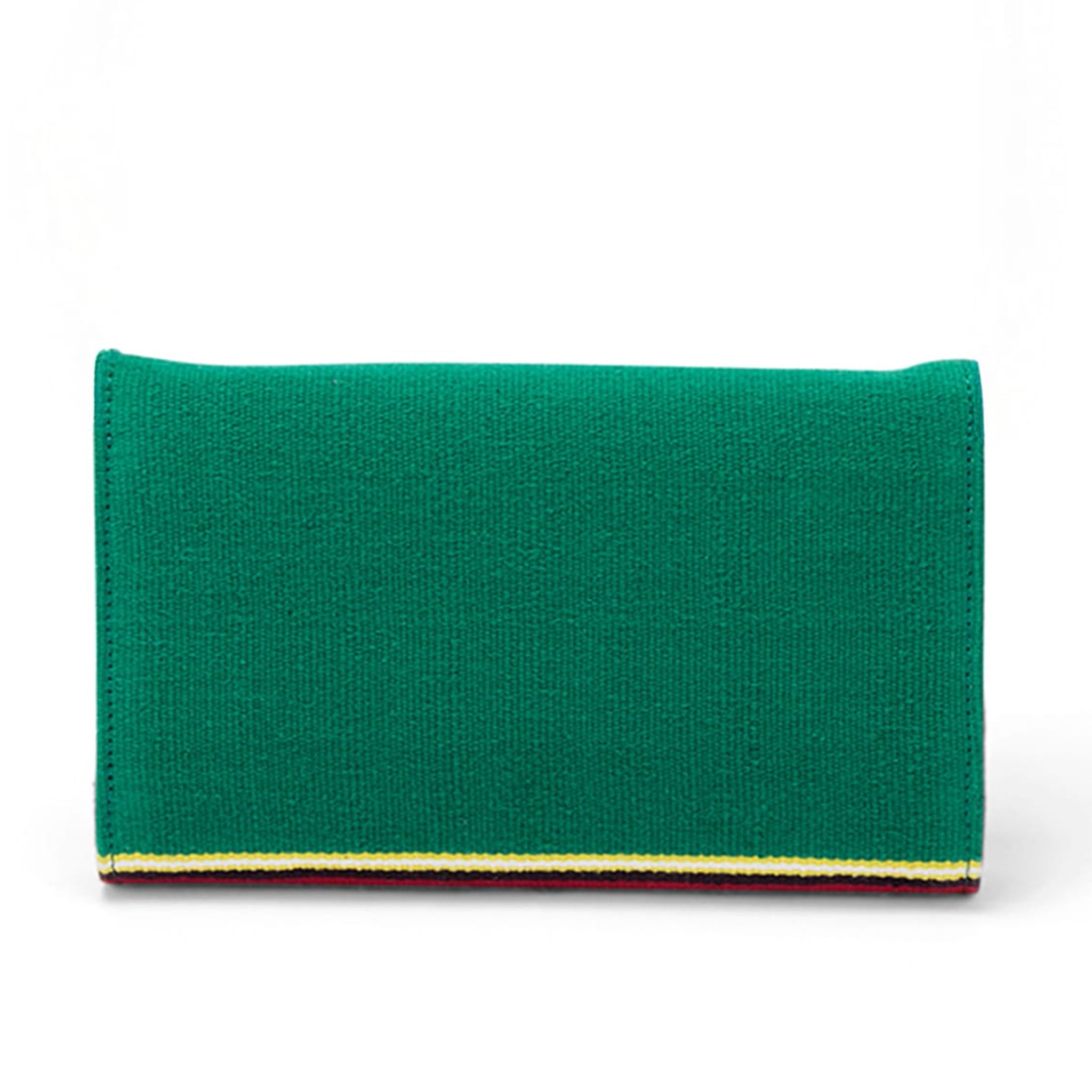 Sustainable clutch bag by Vino Supraja made using GI-tagged Bavani handwoven textile-green bk