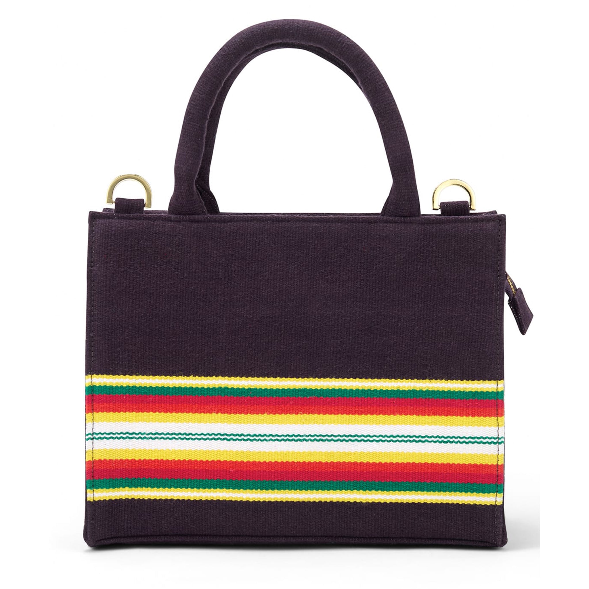 Versatile J Mini Tote showcasing ethical craftsmanship and vibrant Bavani heritage stripes-Purple bk