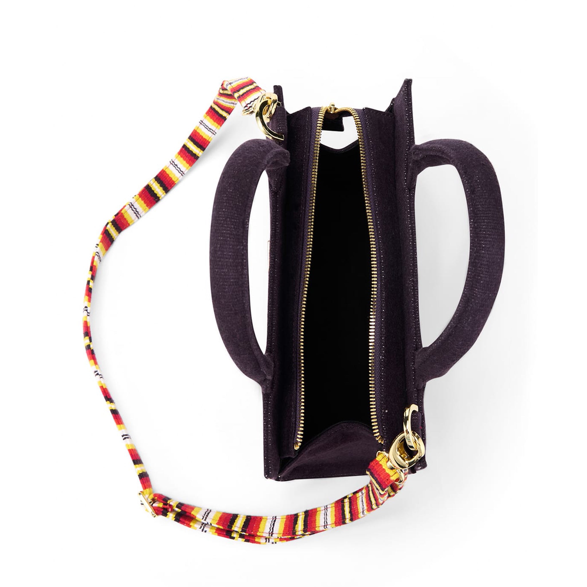 Versatile J Mini Tote showcasing ethical craftsmanship and vibrant Bavani heritage stripes-Purple dt