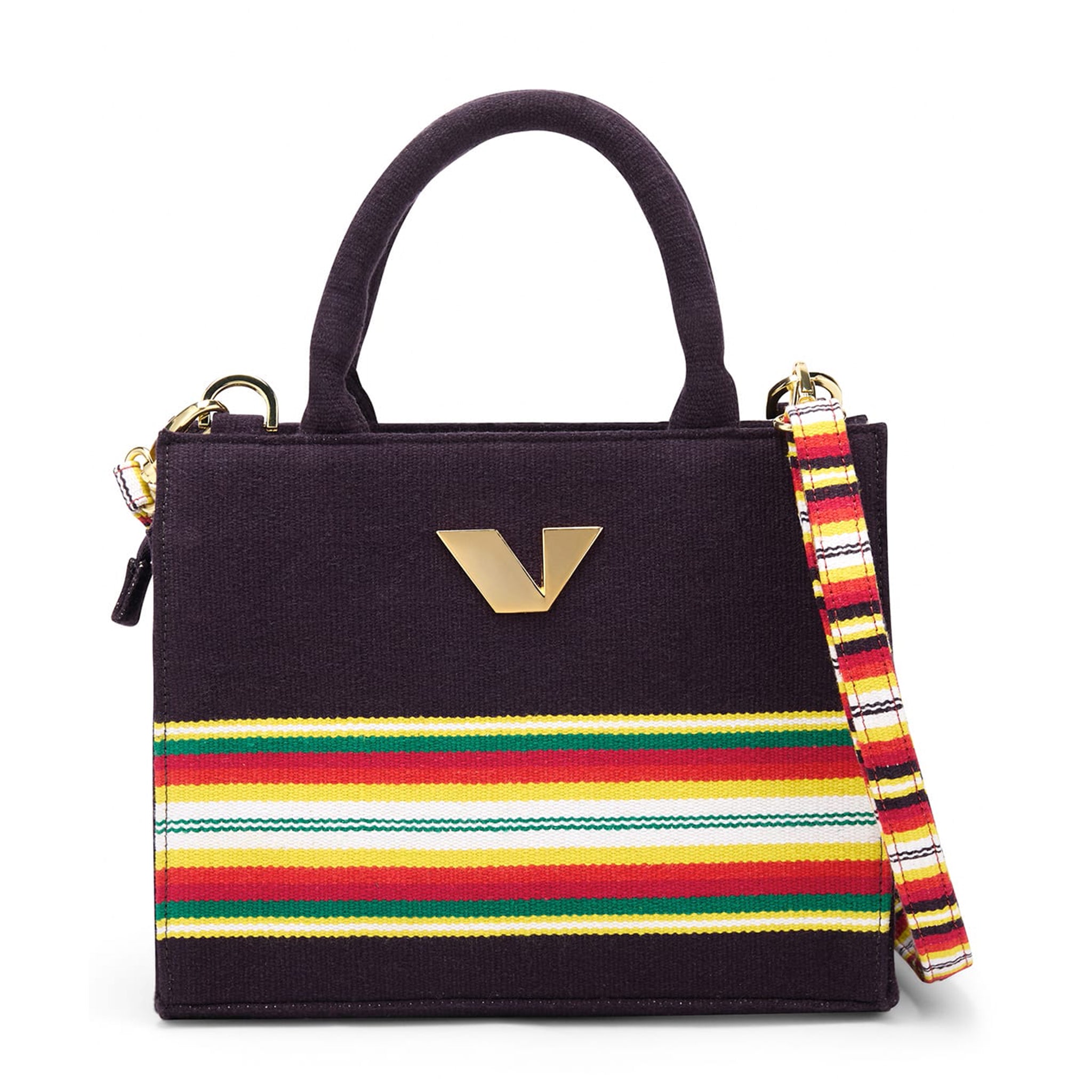 Versatile J Mini Tote showcasing ethical craftsmanship and vibrant Bavani heritage stripes-Purple fr